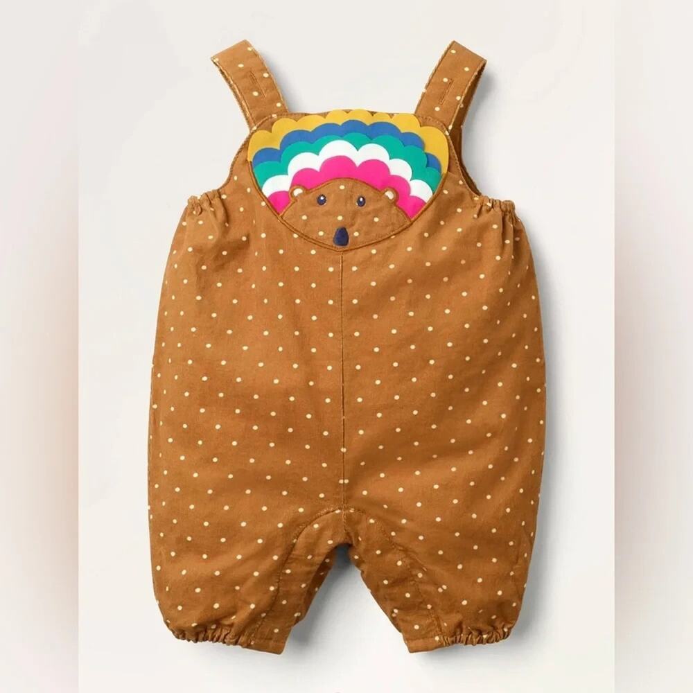 Baby Boden Brown Polka Dot Corduroy Overalls Bear Rainbow 18-24M Cute